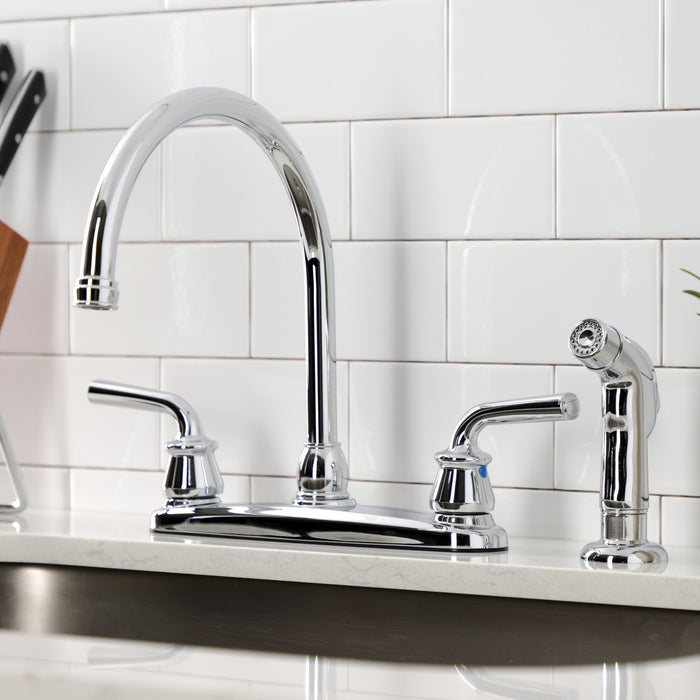Kingston Tulare KB721RXLSP - Restoration Two-Handle 4-Hole 8" Centerset Kitchen Faucet with Side Sprayer, Polished Chrome
