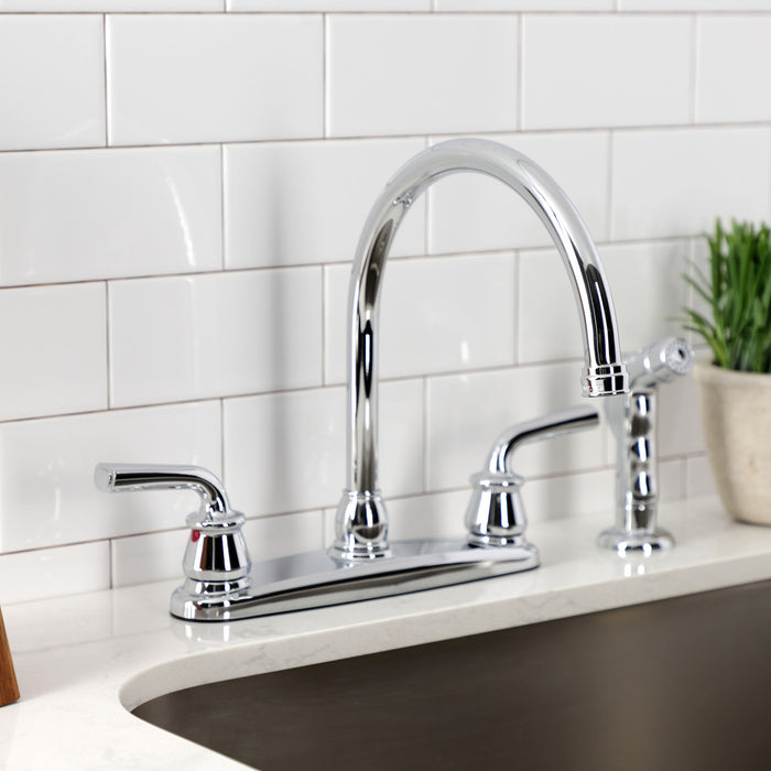 Kingston Tulare KB721RXLSP - Restoration Two-Handle 4-Hole 8" Centerset Kitchen Faucet with Side Sprayer, Polished Chrome
