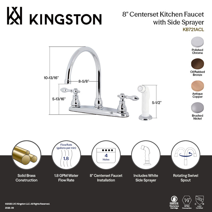 American Classic KB725ACL Two-Handle 4-Hole 8" Centerset Kitchen Faucet with Side Sprayer, Oil Rubbed Bronze