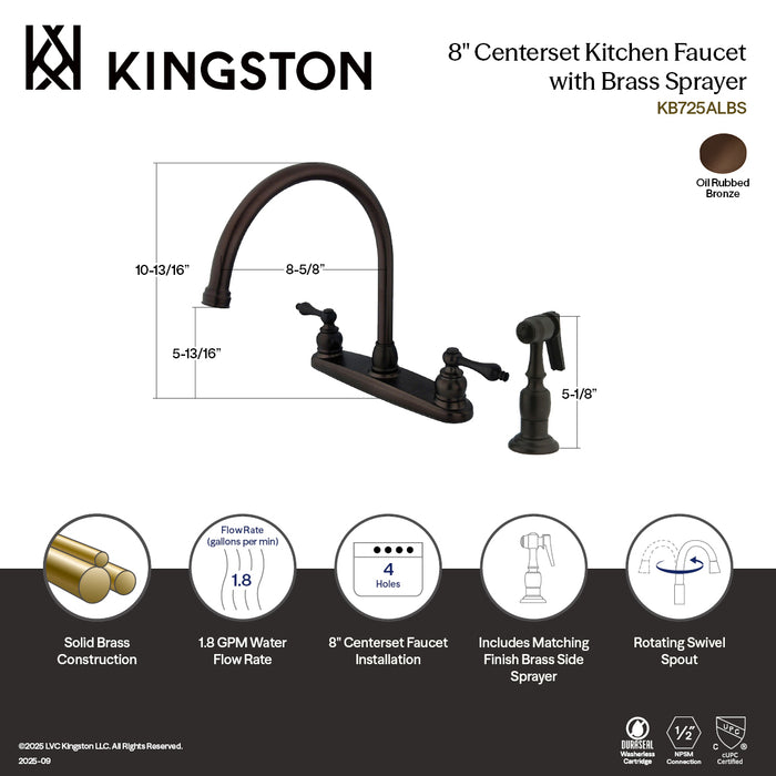 Kingston Heirloom KB725ALBS - Vintage Two-Handle 4-Hole 8" Centerset Kitchen Faucet with Brass Sprayer, Oil Rubbed Bronze