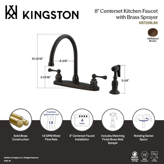 Kingston Vintage KB725BLBS Two-Handle 4-Hole 8" Centerset Kitchen Faucet with Brass Sprayer, Oil Rubbed Bronze