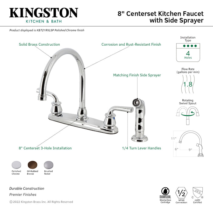 Kingston Tulare KB725RXLSP - Restoration Two-Handle 4-Hole 8" Centerset Kitchen Faucet with Side Sprayer, Oil Rubbed Bronze