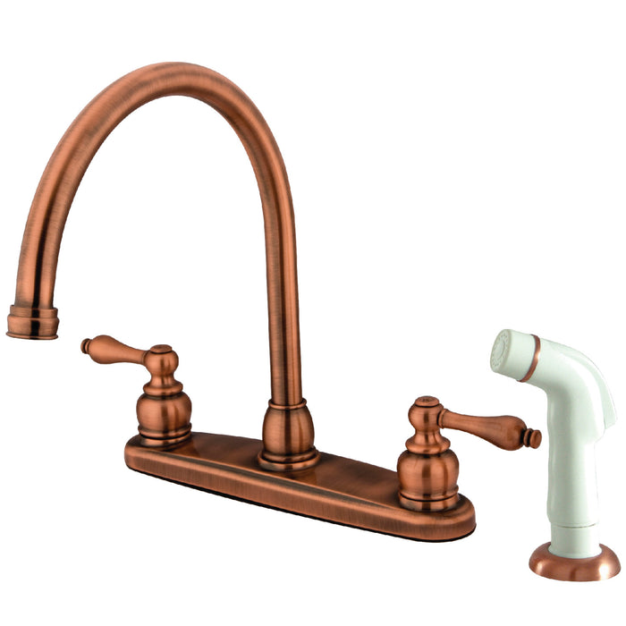 Kingston Heirloom KB726AL - Vintage Two-Handle 4-Hole 8" Centerset Kitchen Faucet with Side Sprayer, Antique Copper