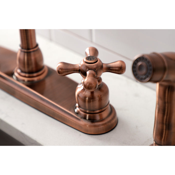 Kingston Heirloom KB726AXSP - Vintage Two-Handle 4-Hole 8" Centerset Kitchen Faucet with Side Sprayer, Antique Copper