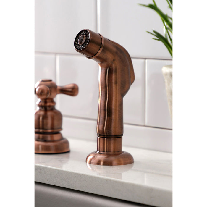 Kingston Heirloom KB726AXSP - Vintage Two-Handle 4-Hole 8" Centerset Kitchen Faucet with Side Sprayer, Antique Copper