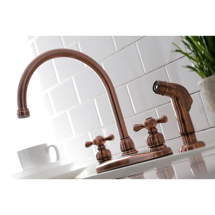 Kingston Heirloom KB726AXSP - Vintage Two-Handle 4-Hole 8" Centerset Kitchen Faucet with Side Sprayer, Antique Copper