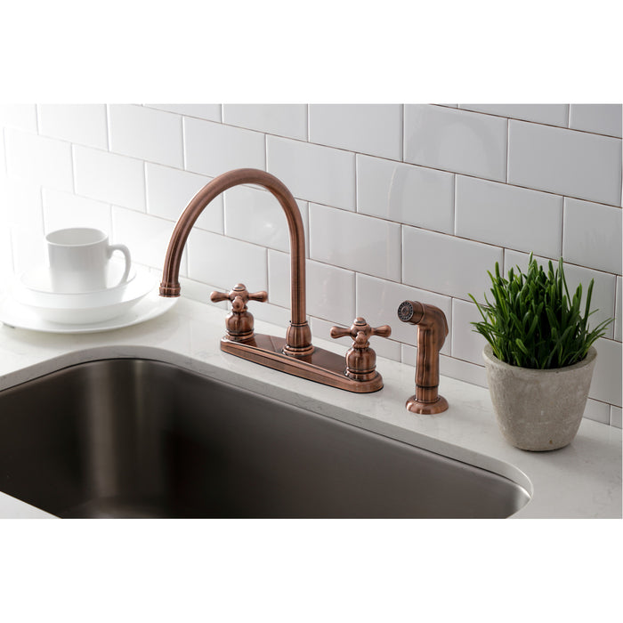 Kingston Heirloom KB726AXSP - Vintage Two-Handle 4-Hole 8" Centerset Kitchen Faucet with Side Sprayer, Antique Copper