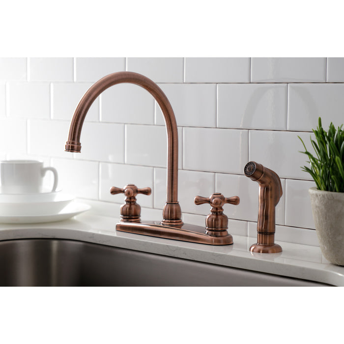 Kingston Heirloom KB726AXSP - Vintage Two-Handle 4-Hole 8" Centerset Kitchen Faucet with Side Sprayer, Antique Copper
