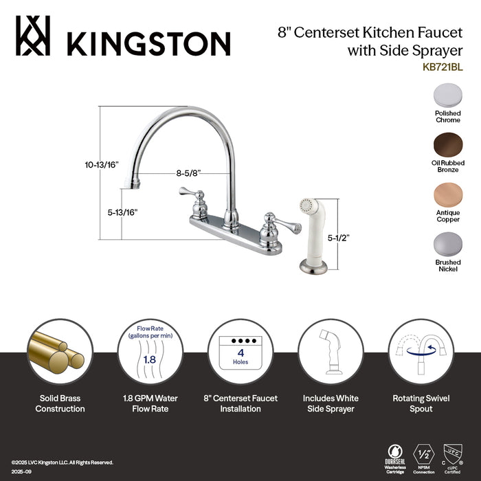 Kingston Tulare KB726BL - Vintage Two-Handle 4-Hole 8" Centerset Kitchen Faucet with Side Sprayer, Antique Copper