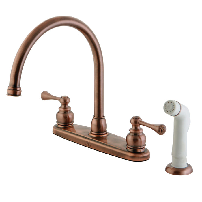 Kingston Tulare KB726BL - Vintage Two-Handle 4-Hole 8" Centerset Kitchen Faucet with Side Sprayer, Antique Copper