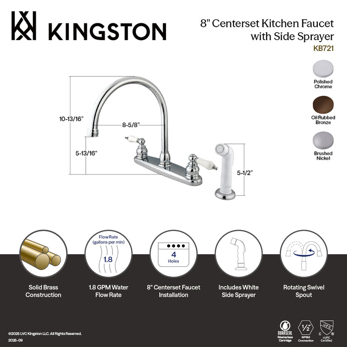 Kingston Heirloom KB728 - Vintage Two-Handle 4-Hole 8" Centerset Kitchen Faucet with Side Sprayer, Brushed Nickel