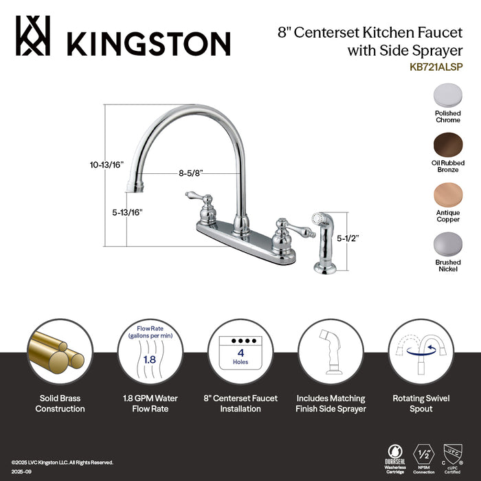 Kingston Heirloom KB728ALSP - Vintage Two-Handle 4-Hole 8" Centerset Kitchen Faucet with Side Sprayer, Brushed Nickel