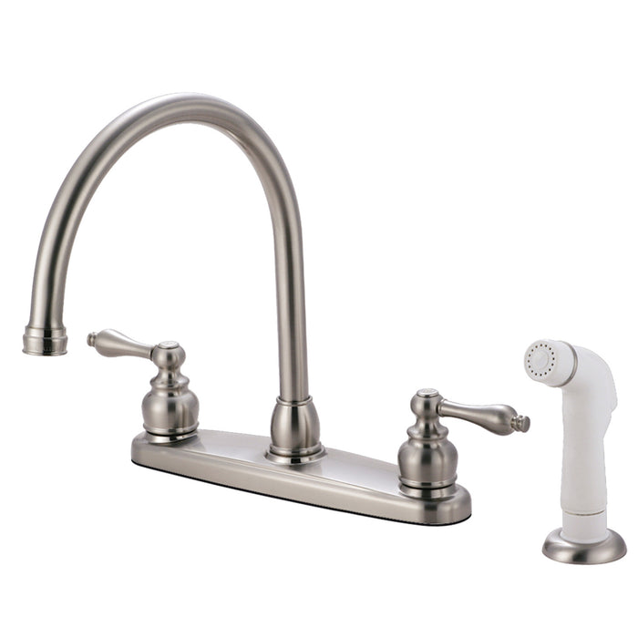 Kingston Heirloom KB728AL - Vintage Two-Handle 4-Hole 8" Centerset Kitchen Faucet with Side Sprayer, Brushed Nickel