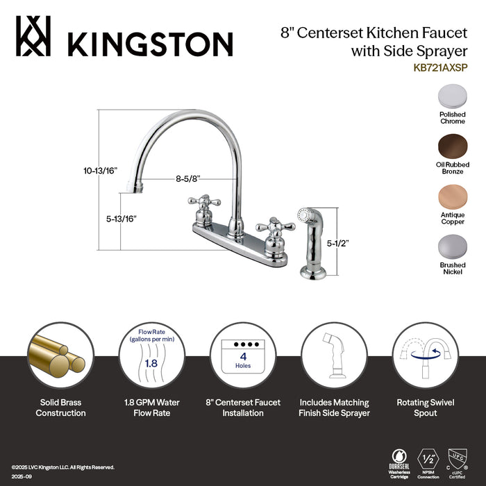 Kingston Heirloom KB728AXSP - Vintage Two-Handle 4-Hole 8" Centerset Kitchen Faucet with Side Sprayer, Brushed Nickel