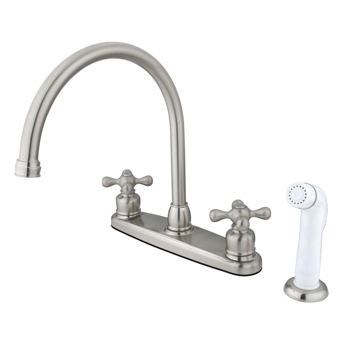 Kingston Heirloom KB728AX - Vintage Two-Handle 4-Hole 8" Centerset Kitchen Faucet with Side Sprayer, Brushed Nickel