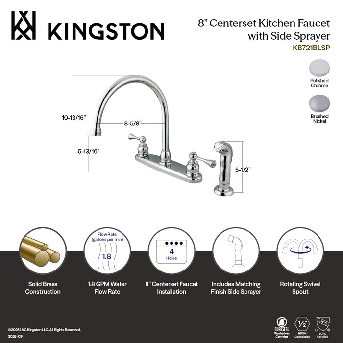 Kingston Tulare KB728BLSP - Vintage Two-Handle 4-Hole 8" Centerset Kitchen Faucet with Side Sprayer, Brushed Nickel