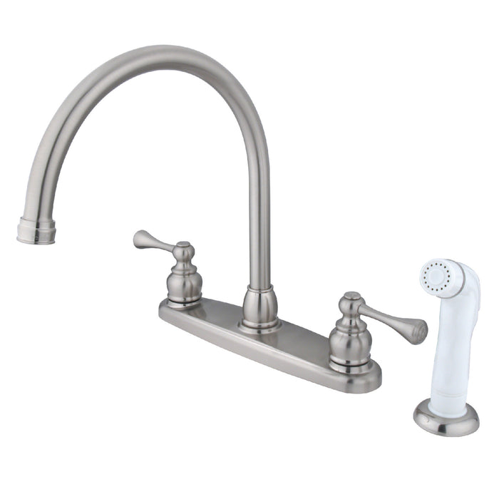 Kingston Tulare KB728BL - Vintage Two-Handle 4-Hole 8" Centerset Kitchen Faucet with Side Sprayer, Brushed Nickel