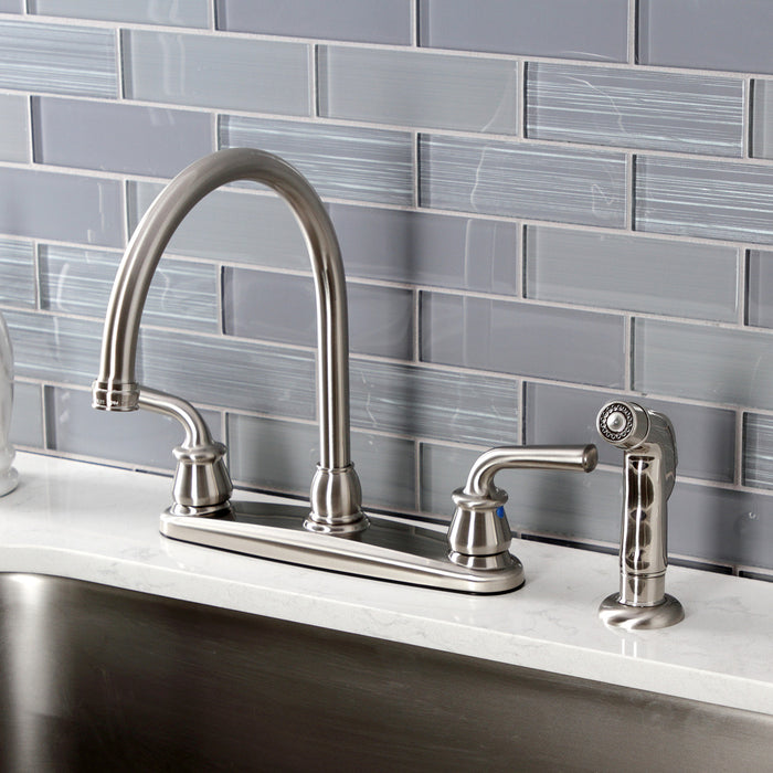 Kingston Tulare KB728RXLSP - Restoration Two-Handle 4-Hole 8" Centerset Kitchen Faucet with Side Sprayer, Brushed Nickel