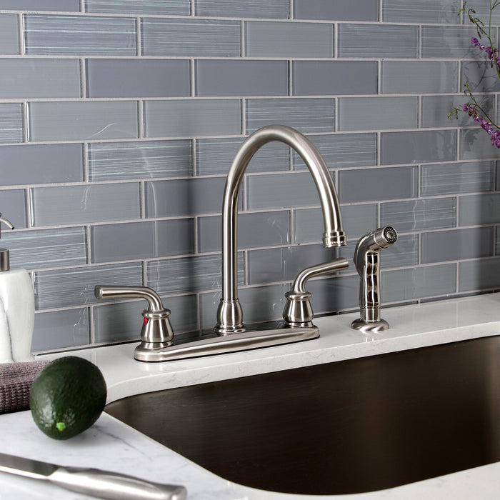 Kingston Tulare KB728RXLSP - Restoration Two-Handle 4-Hole 8" Centerset Kitchen Faucet with Side Sprayer, Brushed Nickel