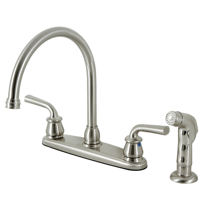 Kingston Tulare KB728RXLSP - Restoration Two-Handle 4-Hole 8" Centerset Kitchen Faucet with Side Sprayer, Brushed Nickel