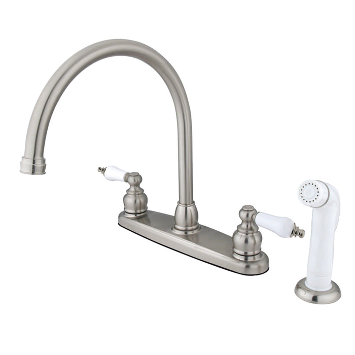 Kingston Heirloom KB728 - Vintage Two-Handle 4-Hole 8" Centerset Kitchen Faucet with Side Sprayer, Brushed Nickel