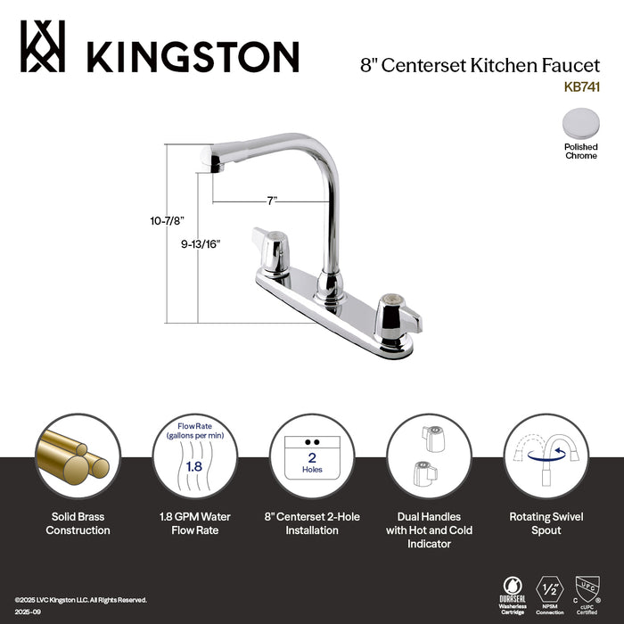 Kingston Tulare KB741Two-Handle 2-Hole 8" Centerset Kitchen Faucet, Polished Chrome