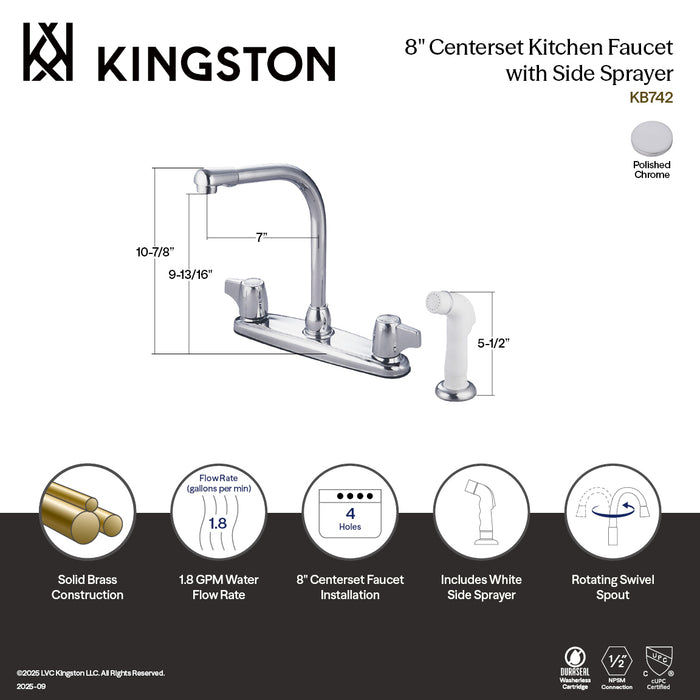 Kingston Tulare KB742Two-Handle 4-Hole 8" Centerset Kitchen Faucet with Side Sprayer, Polished Chrome