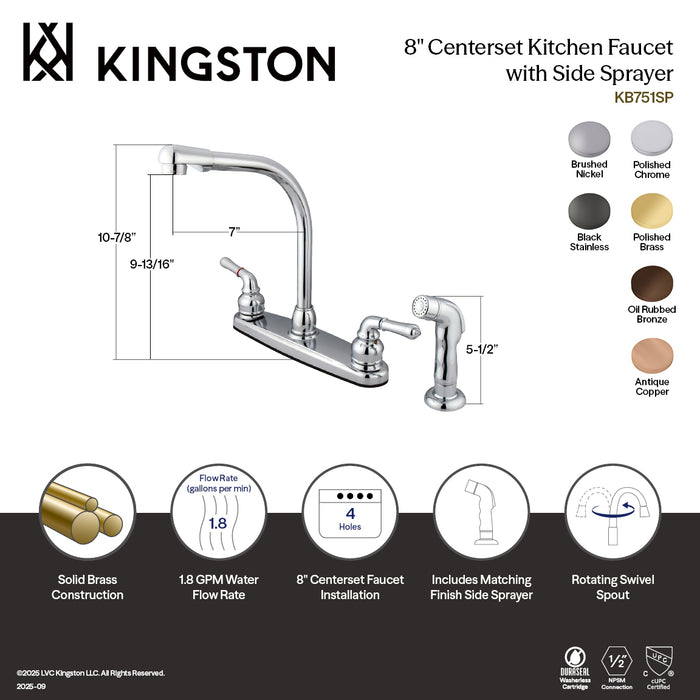 Kingston Tulare KB7500SP - Magellan Two-Handle 4-Hole 8" Centerset Kitchen Faucet with Side Sprayer, Black Stainless