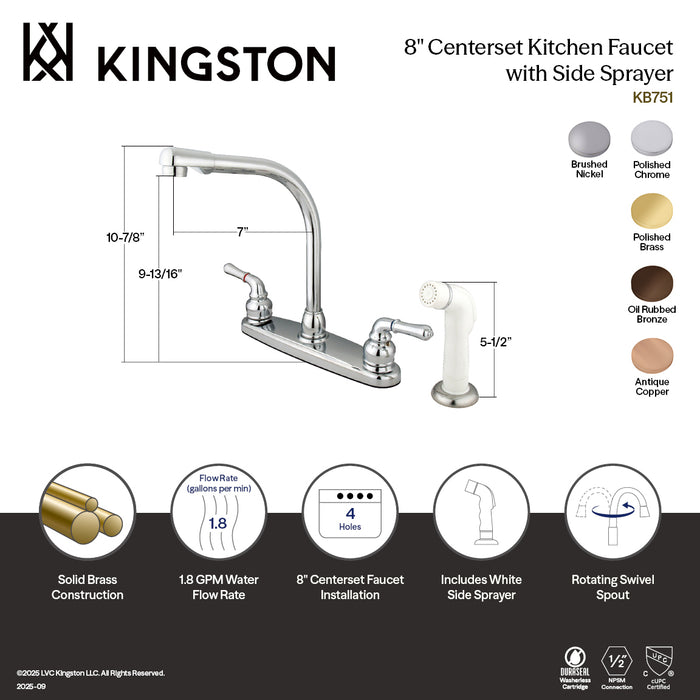 Kingston Tulare KB758 - Magellan Two-Handle 4-Hole 8" Centerset Kitchen Faucet with Side Sprayer, Brushed Nickel