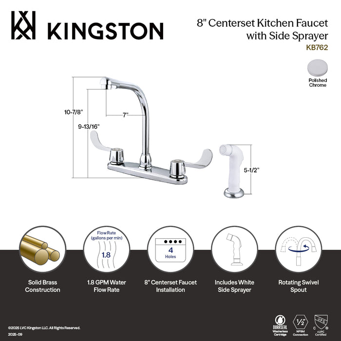 Kingston Tulare KB762 - Magellan Two-Handle 4-Hole 8" Centerset Kitchen Faucet with Side Sprayer, Polished Chrome