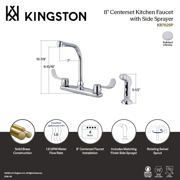 Kingston Tulare KB762SP - Magellan Two-Handle 4-Hole 8" Centerset Kitchen Faucet with Side Sprayer, Polished Chrome