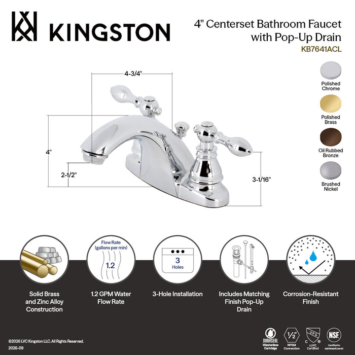 Kingston Tulare KB7641ACL - American Classic Double-Handle 3-Hole Deck Mount 4-Inch Centerset Bathroom Faucet with Pop-Up Drain, Polished Chrome