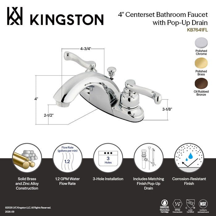 Kingston Tulare KB7642FL Double-Handle 3-Hole Deck Mount 4-Inch Centerset Bathroom Faucet with Pop-Up Drain, Polished Brass