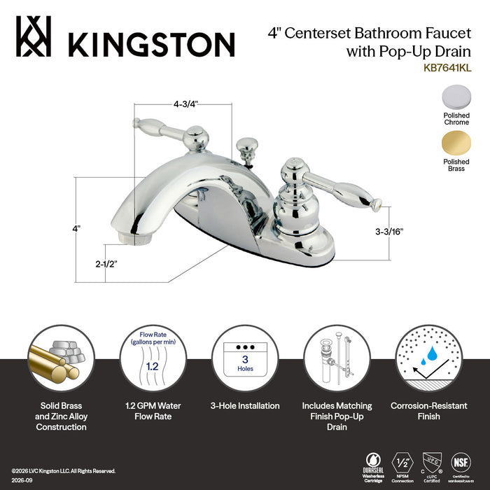 Kingston Tulare KB7642KL Double-Handle 3-Hole Deck Mount 4-Inch Centerset Bathroom Faucet with Pop-Up Drain, Polished Brass