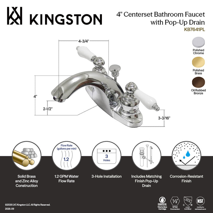 Kingston Heirloom KB7642PL - English Country Double-Handle 3-Hole Deck Mount 4-Inch Centerset Bathroom Faucet with Pop-Up Drain, Polished Brass