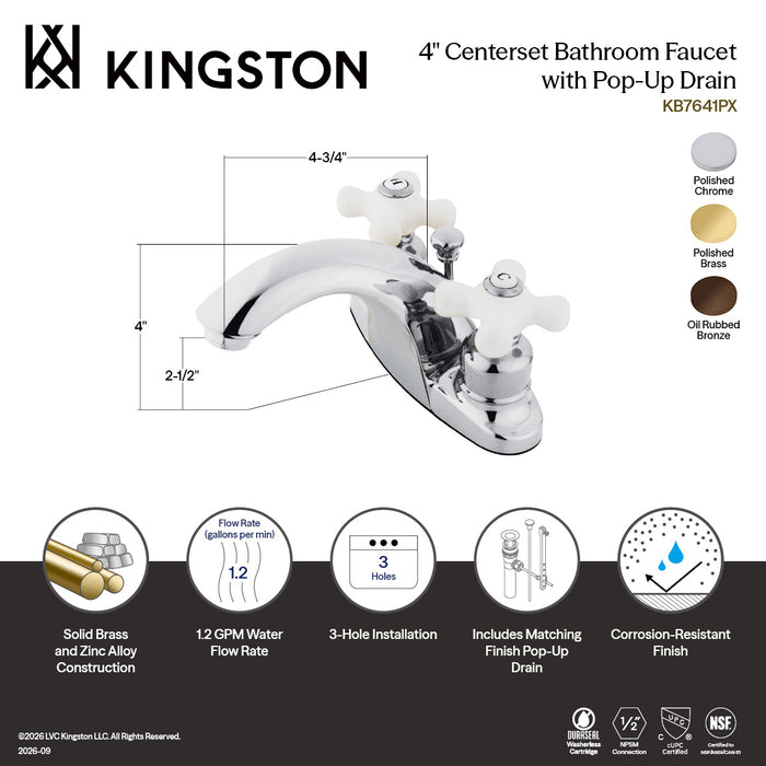 Kingston Tulare KB7642PX - English Country Double-Handle 3-Hole Deck Mount 4-Inch Centerset Bathroom Faucet with Pop-Up Drain, Polished Brass