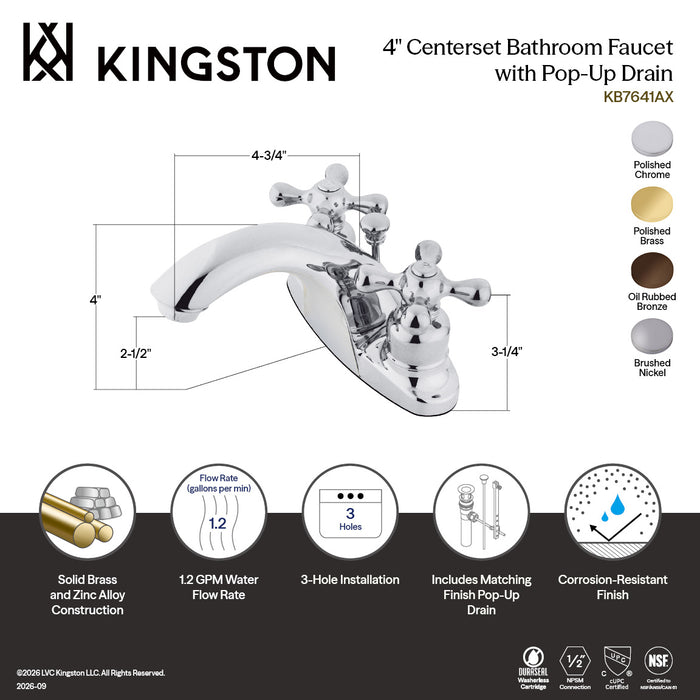 Kingston Tulare KB7648AX - English Country Double-Handle 3-Hole Deck Mount 4-Inch Centerset Bathroom Faucet with Pop-Up Drain, Brushed Nickel