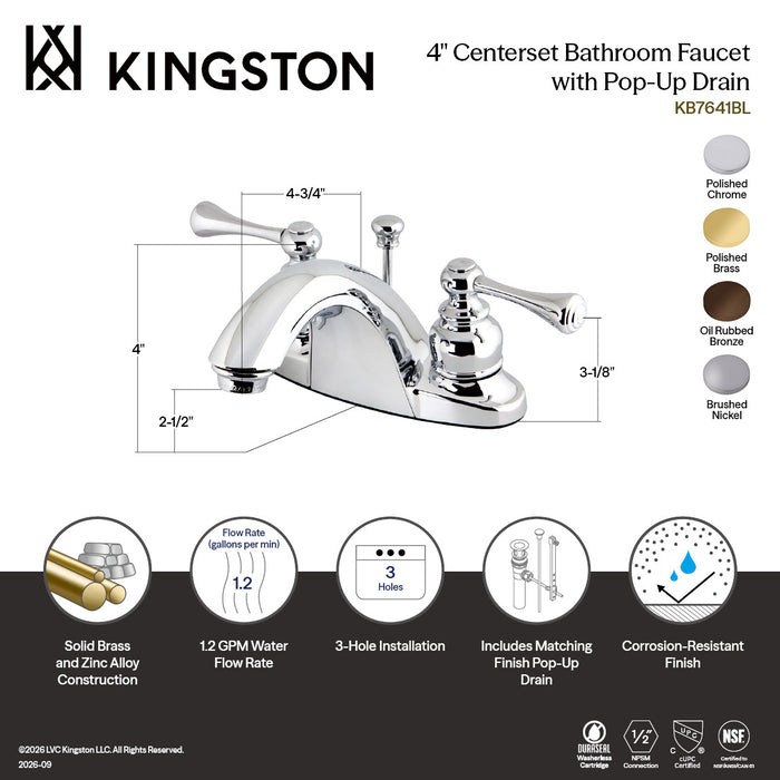 Kingston Tulare KB7648BL - English Country Double-Handle 3-Hole Deck Mount 4-Inch Centerset Bathroom Faucet with Pop-Up Drain, Brushed Nickel