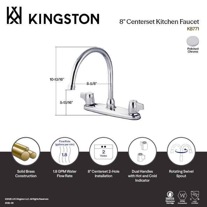 Kingston Tulare KB771Two-Handle 2-Hole 8" Centerset Kitchen Faucet, Polished Chrome