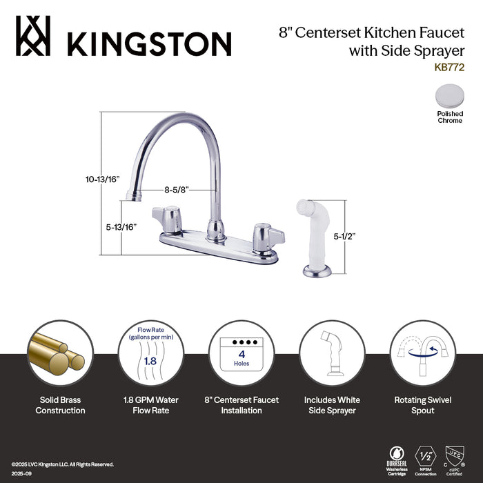 Kingston Tulare KB772Two-Handle 4-Hole 8" Centerset Kitchen Faucet with Side Sprayer, Polished Chrome