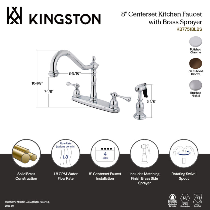 Kingston Heirloom KB7758BLBS - English Vintage Two-Handle 4-Hole 8" Centerset Kitchen Faucet with Brass Sprayer, Brushed Nickel