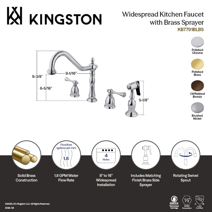 Kingston Heirloom KB7792BLBS - English Country Double-Handle 4-Hole Widespread Kitchen Faucet with Brass Sprayer, Polished Brass