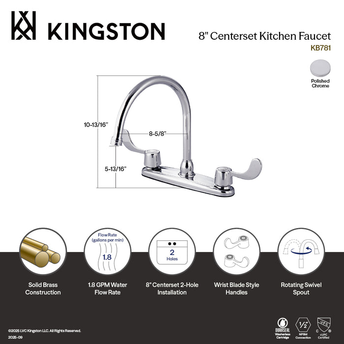 Kingston Vista KB781 Two-Handle 2-Hole 8" Centerset Kitchen Faucet, Polished Chrome