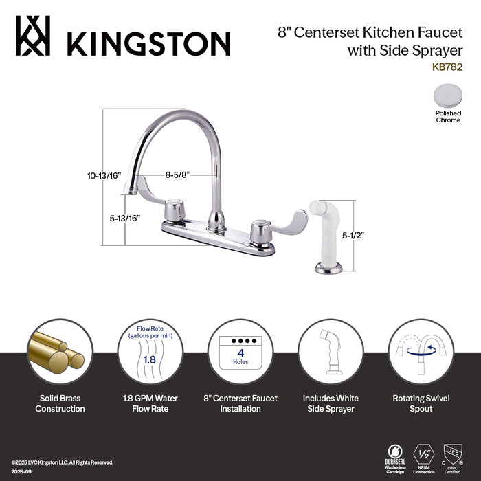 Kingston Tulare KB782 - Vista Two-Handle 4-Hole 8" Centerset Kitchen Faucet with Side Sprayer, Polished Chrome