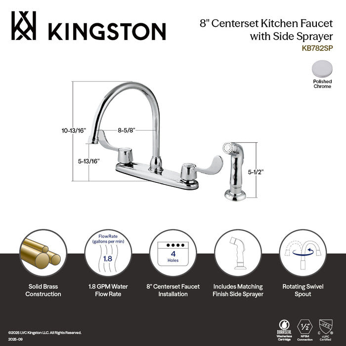 Kingston Tulare KB782SP - Vista Two-Handle 4-Hole 8" Centerset Kitchen Faucet with Side Sprayer, Polished Chrome