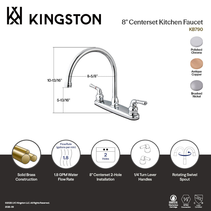 Kingston Tulare KB790 - Magellan Two-Handle 2-Hole 8" Centerset Kitchen Faucet, Polished Chrome
