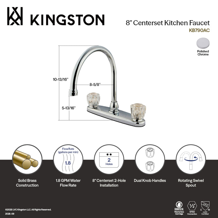 Kingston KB790AC Two-Handle 2-Hole 8" Centerset Kitchen Faucet, Polished Chrome