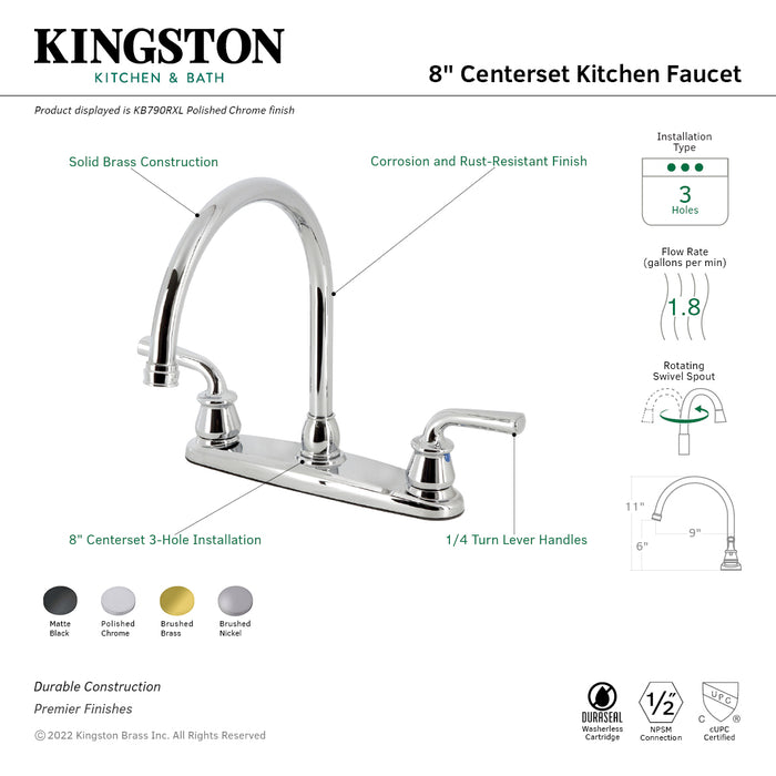 Kingston Tulare KB790RXL - Restoration Two-Handle 3-Hole 8" Centerset Kitchen Faucet, Polished Chrome