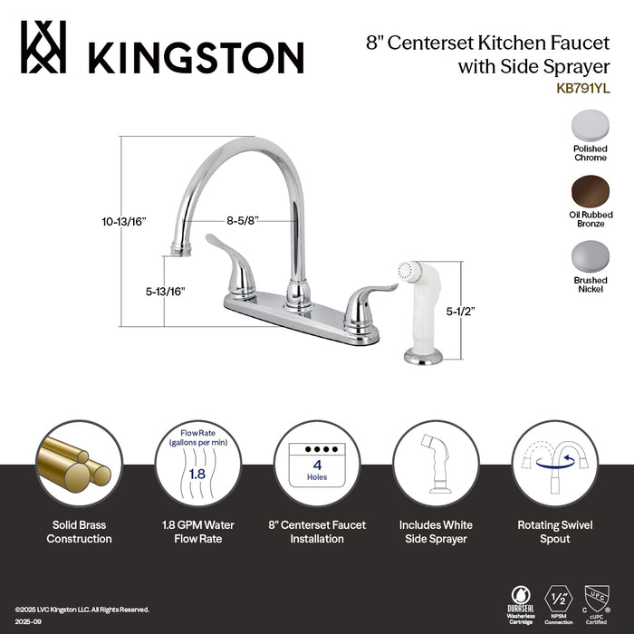 Kingston Tulare KB791YL - Yosemite Two-Handle 4-Hole 8" Centerset Kitchen Faucet with Side Sprayer, Polished Chrome