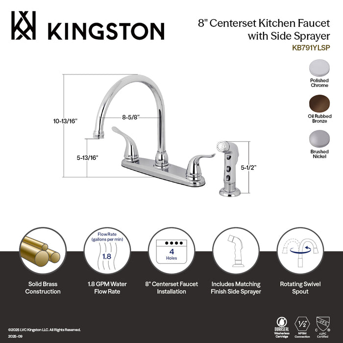 Yosemite KB791YLSP Two-Handle 4-Hole 8" Centerset Kitchen Faucet with Side Sprayer, Polished Chrome